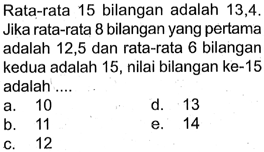 Rata-rata 15 bilangan adalah 13,4. Jika rata-rata 8 bilangan yang pertama adalah 12,5 dan rata-rata 6 bilangan kedua adalah 15, nilai bilangan ke-15 adalah....