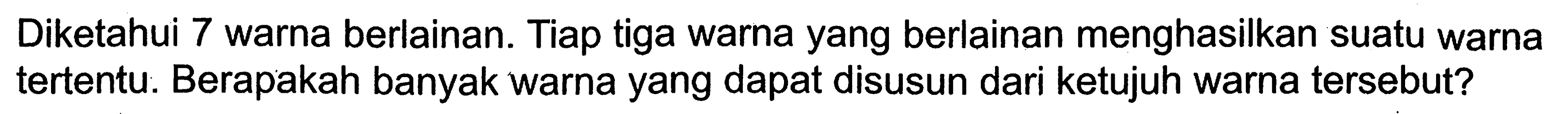Diketahui 7 warna berlainan. Tiap tiga warna yang berlainan menghasilkan suatu warna tertentu. Berapakah banyak warna yang dapat disusun dari ketujuh warna tersebut?