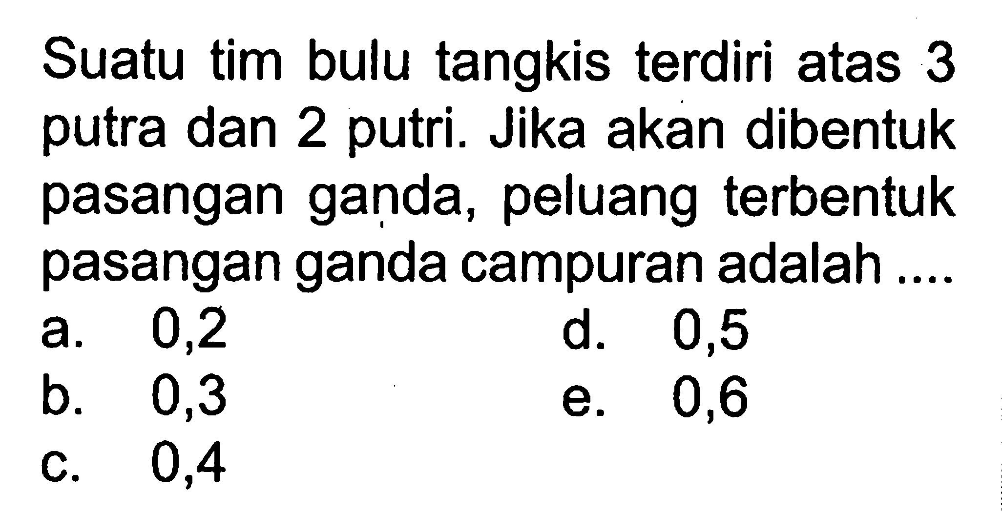 Suatu tim bulu tangkis terdiri atas 3 putra dan 2 putri. Jika akan dibentuk pasangan ganda, peluang terbentuk pasangan ganda campuran adalah....