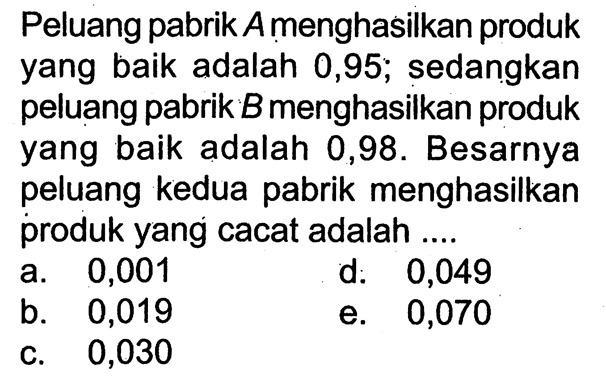 Peluang pabrik A menghasilkan produk yang baik adalah 0,95; sedangkan peluang pabrik B menghasilkan produk yang baik adalah 0,98. Besarnya peluang kedua pabrik menghasilkan produk yang cacat adalah ....
