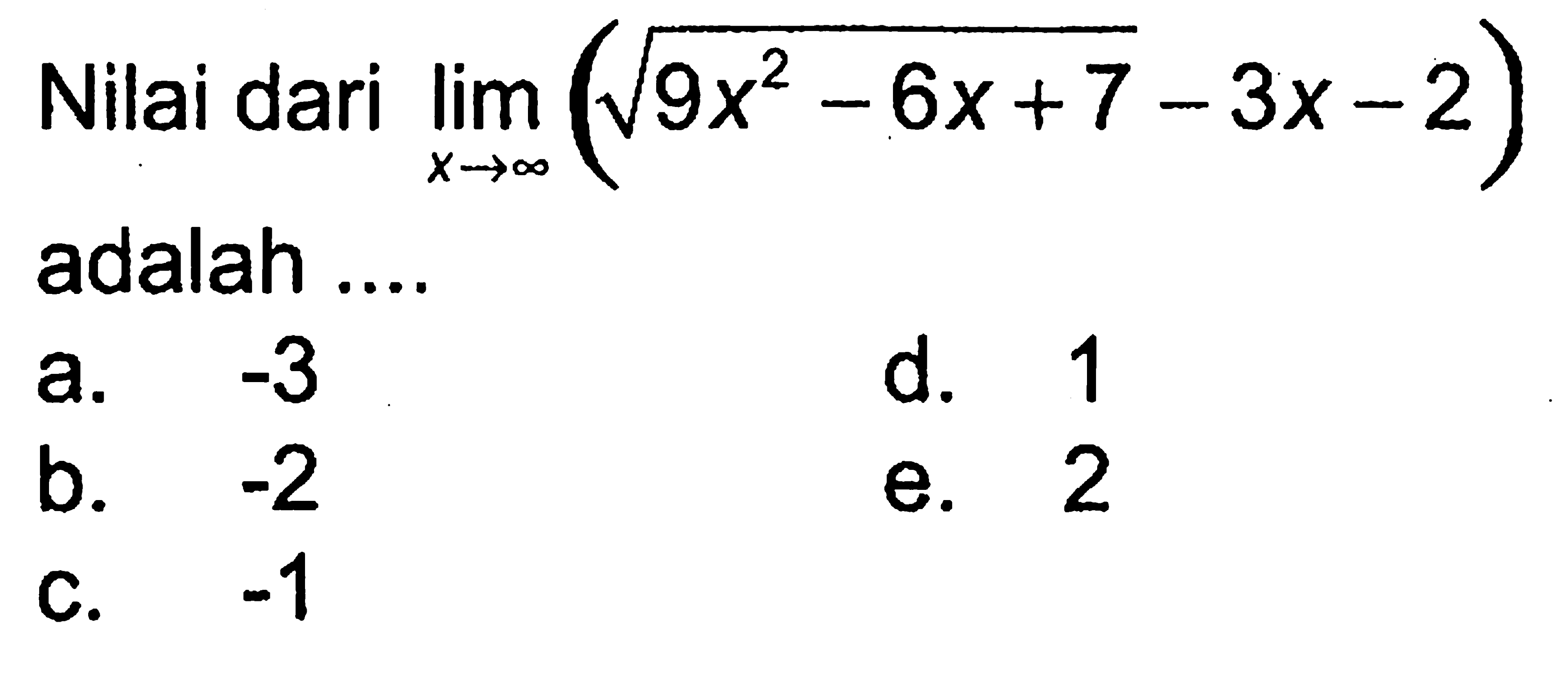 Nilai dari lim x mendekati tak hingga (akar(9x^2-6x+7)-3x-2)) adalah.... 