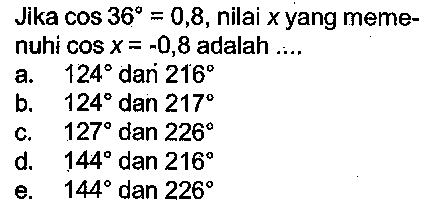 Jika cos 36=0,8, nilai x yang memenuhi cos x=-0,8 adalah 