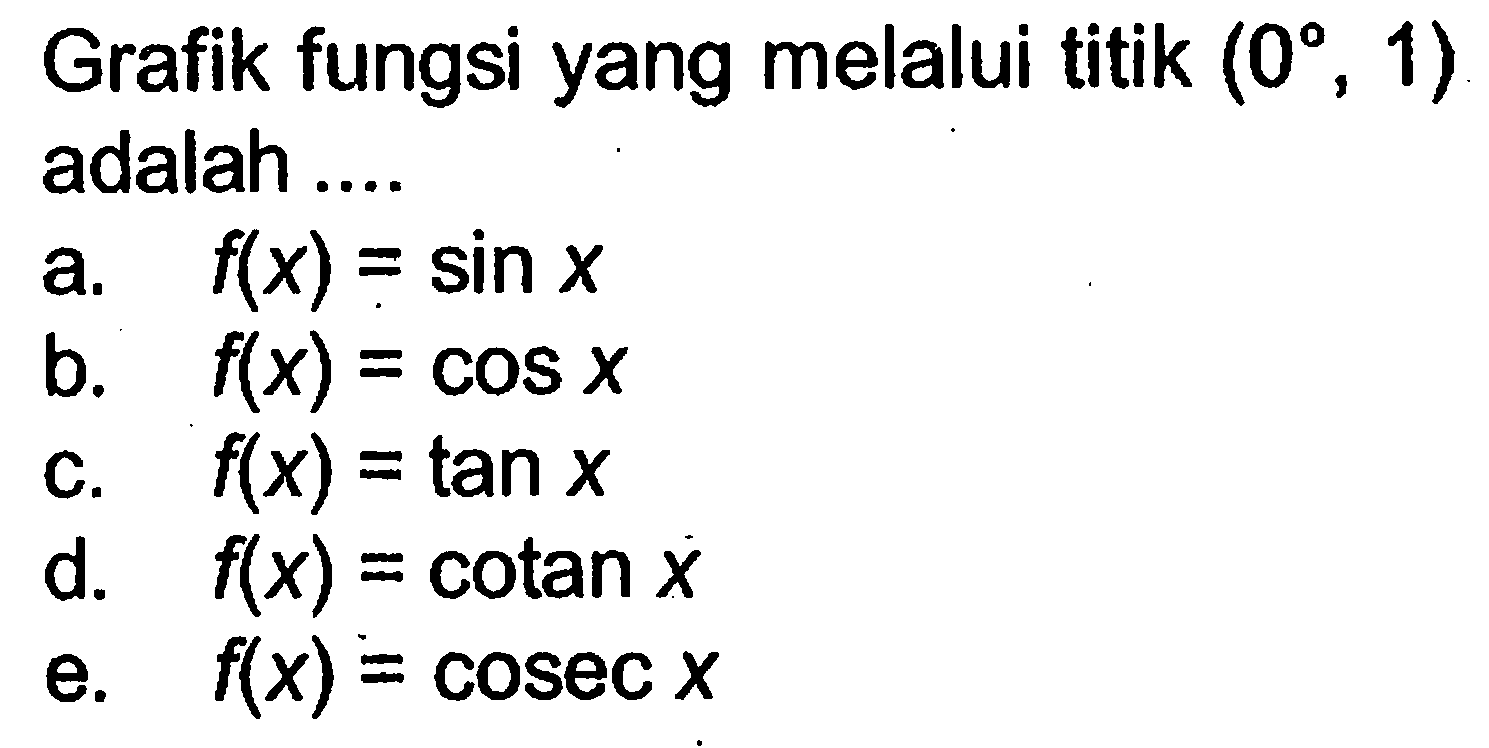 Grafik fungsi yang melalui titik (0,1) adalah ....
