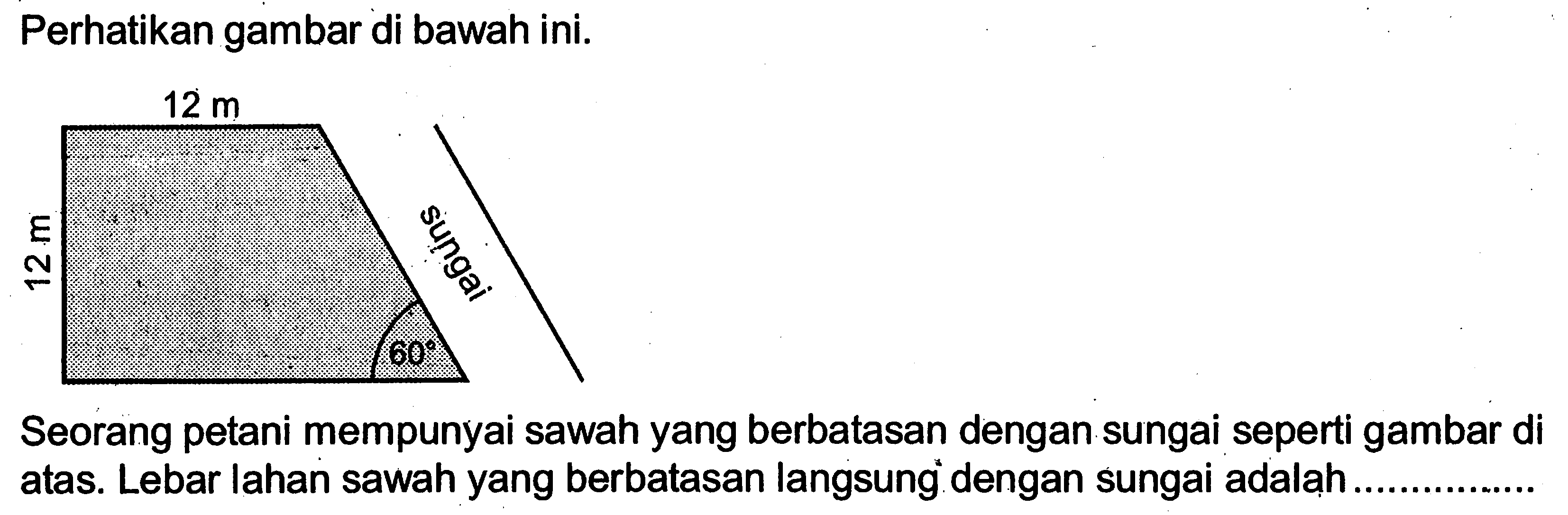 Perhatikan gambar di bawah ini. 12 cm 12 cm sungai 60Seorang petani mempunyai sawah yang berbatasan dengan sungai seperti gambar di atas. Lebar lahan sawah yang berbatasan langsung dengan sungai adalạh