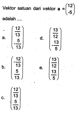 Vektor satuan dari vektor a=(12 -5) adalah ....