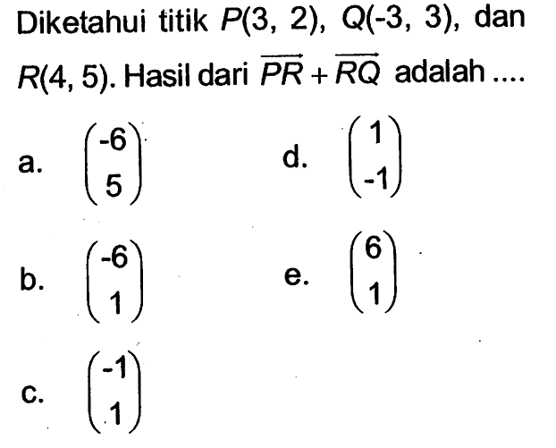 Diketahui titik P(3,2), Q(-3,3), dan R(4,5). Hasil dari PR+RQ adalah  ...