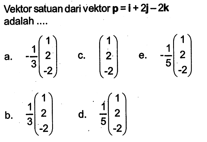 Vektor satuan dari vektor p=i+2j-2k adalah ....