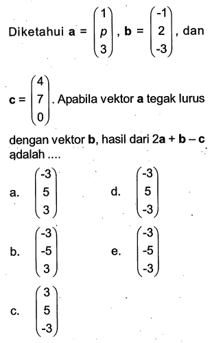 Diketahui a=(1 p 3), b=(-1 2 -3) , dan c=(4 7 0) . Apabila vektor a tegak lurus dengan vektor b , hasil dari 2 a+b-c adalah ....