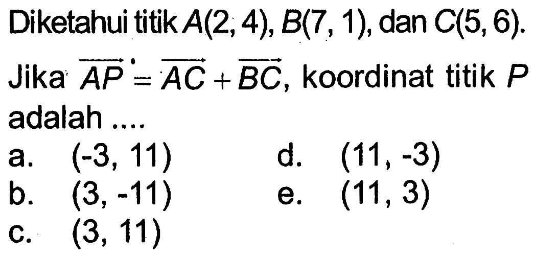 Diketahui titik A(2,4), B(7,1), dan C(5,6). Jika AP=AC+BC, koordinat titik P adalah ....