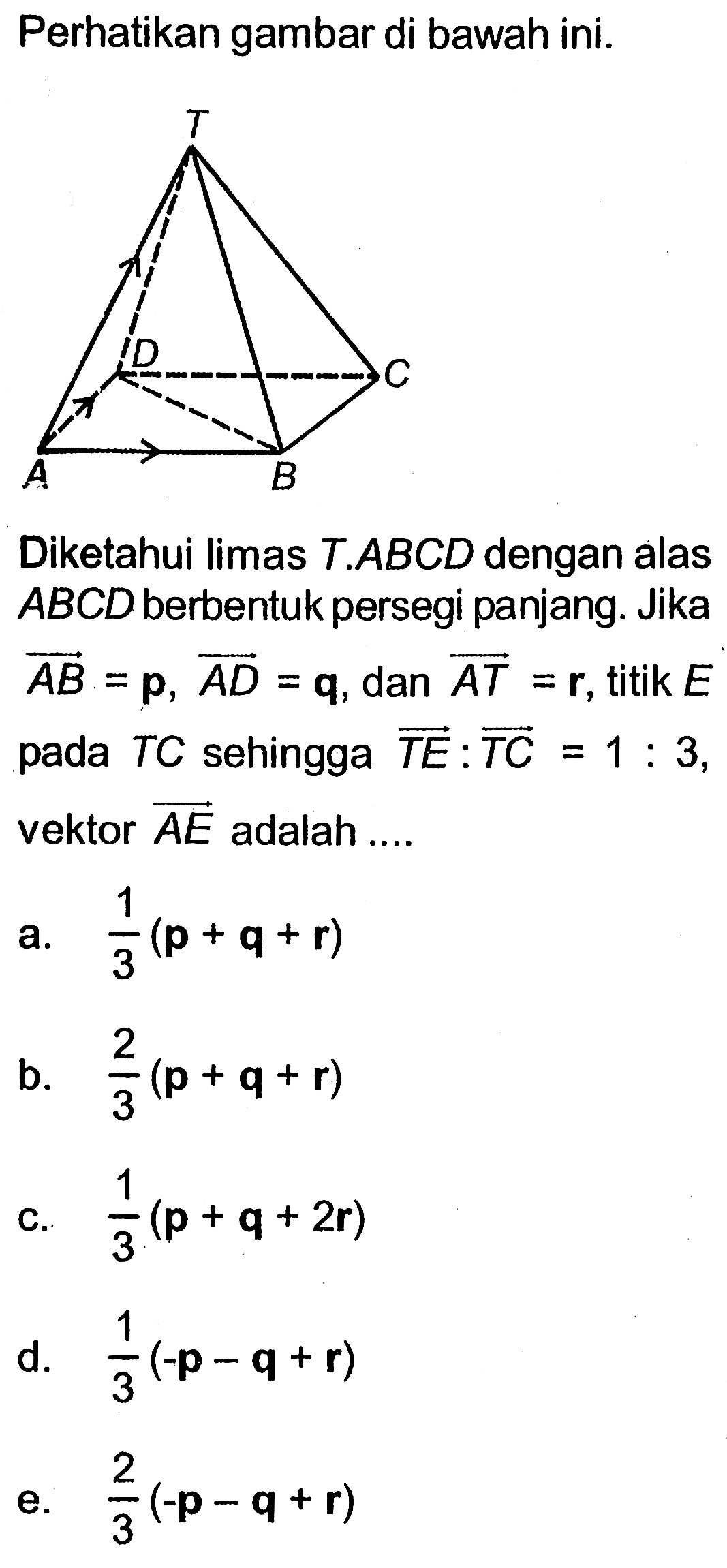 Perhatikan gambar di bawah ini.Diketahui limas  T.ABCD  dengan alas  ABCD  berbentuk persegi panjang. Jika  AB=p, AD=q , dan  AT=r , titik  E  pada  TC  sehingga  TE:TC=1:3, vektor AE adalah ....