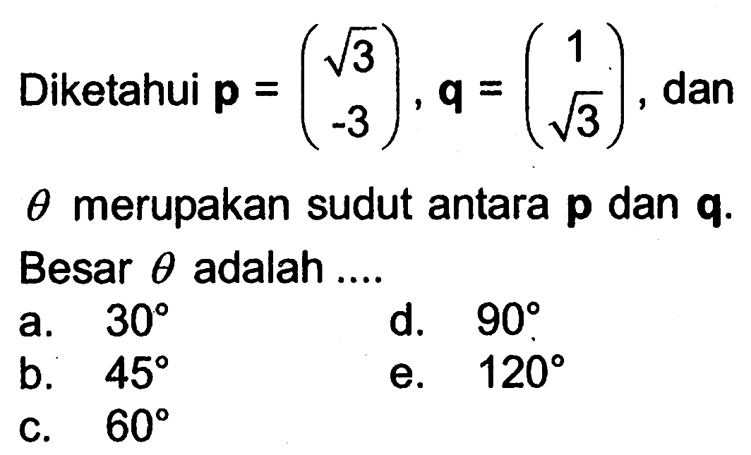 Diketahui p=(akar(3) -3), q=(1 akar(3)), dan theta merupakan sudut antara p dan q. Besar theta adalah ....