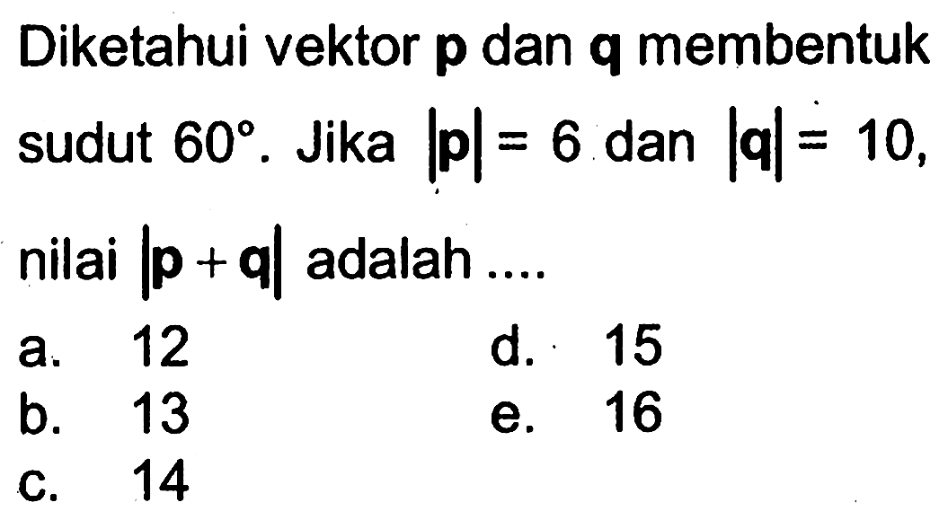 Diketahui vektor p dan q membentuk sudut 60. Jika |p|=6 dan |q|=10, nilai |p+q| adalah ...