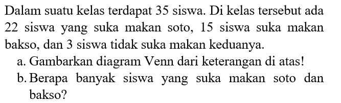 Dalam suatu kelas terdapat 35 siswa. Di kelas tersebut ada 22 siswa yang suka makan soto, 15 siswa suka makan bakso, dan 3 siswa tidak suka makan keduanya. a. Gambarkan diagram Venn dari keterangan di atas! b.Berapa banyak siswa yang suka makan soto dan bakso?