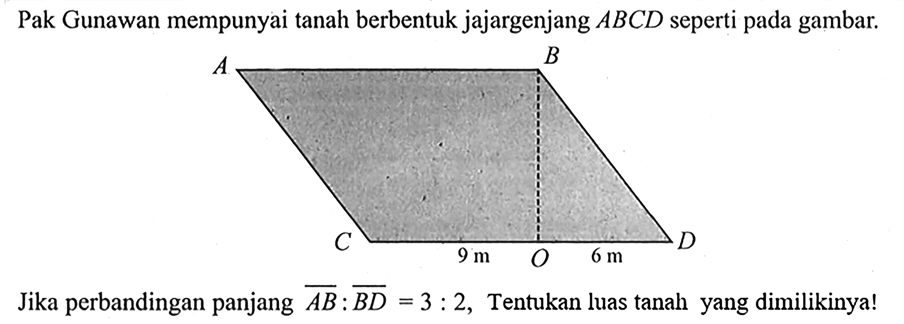 Pak Gunawan mempunyai tanah berbentuk jajargenjang ABCD seperti pada gambar.
A B
C 9 m O 6 m D
Jika perbandingan panjang AB : BD = 3 : 2, Tentukan luas tanah yang dimilikinya!