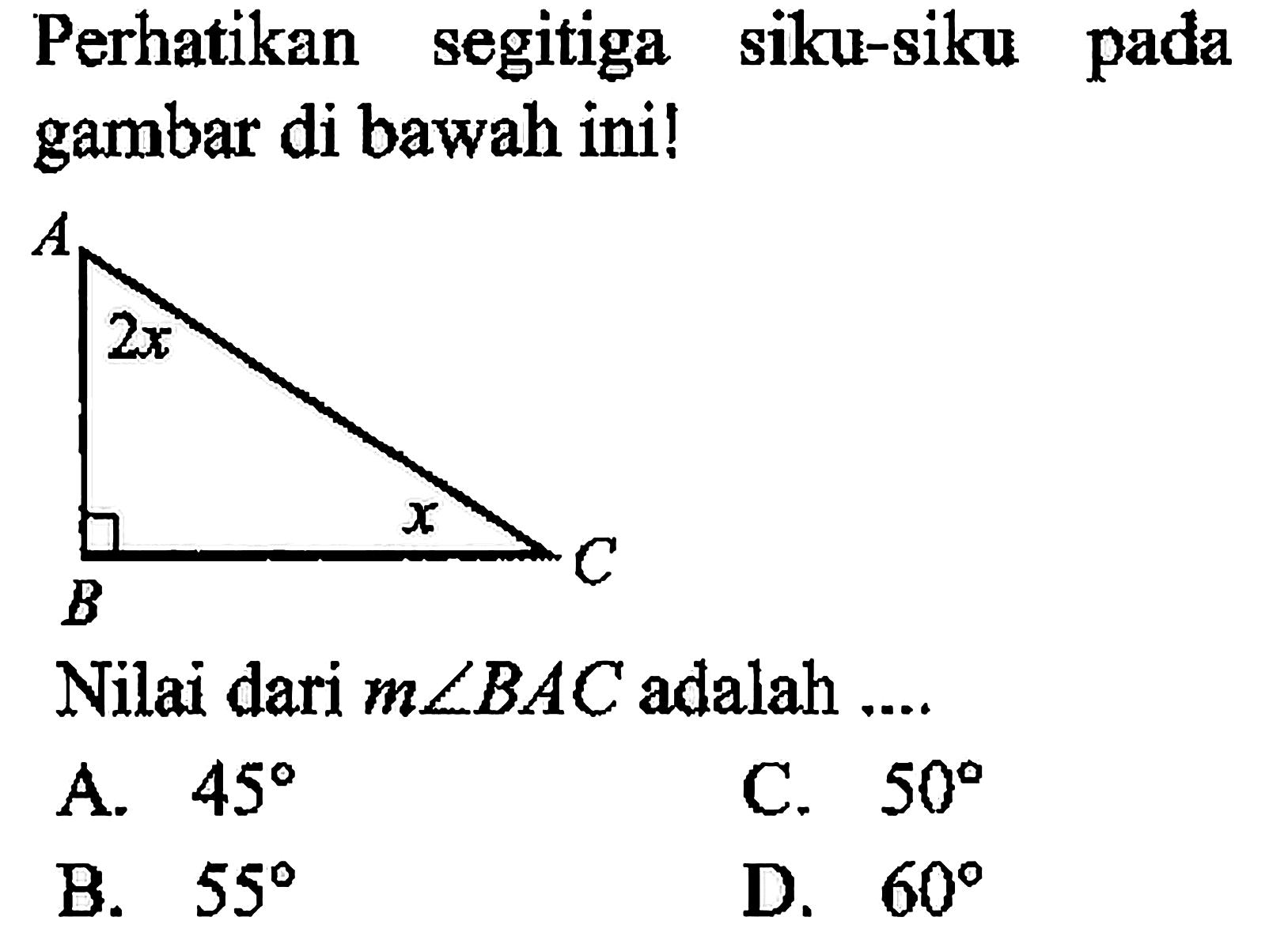 Perhatikan segitiga siku-siku pada gambar di bawah ini! A 2x B C x  Nilai dari m sudut BAC adalah ....