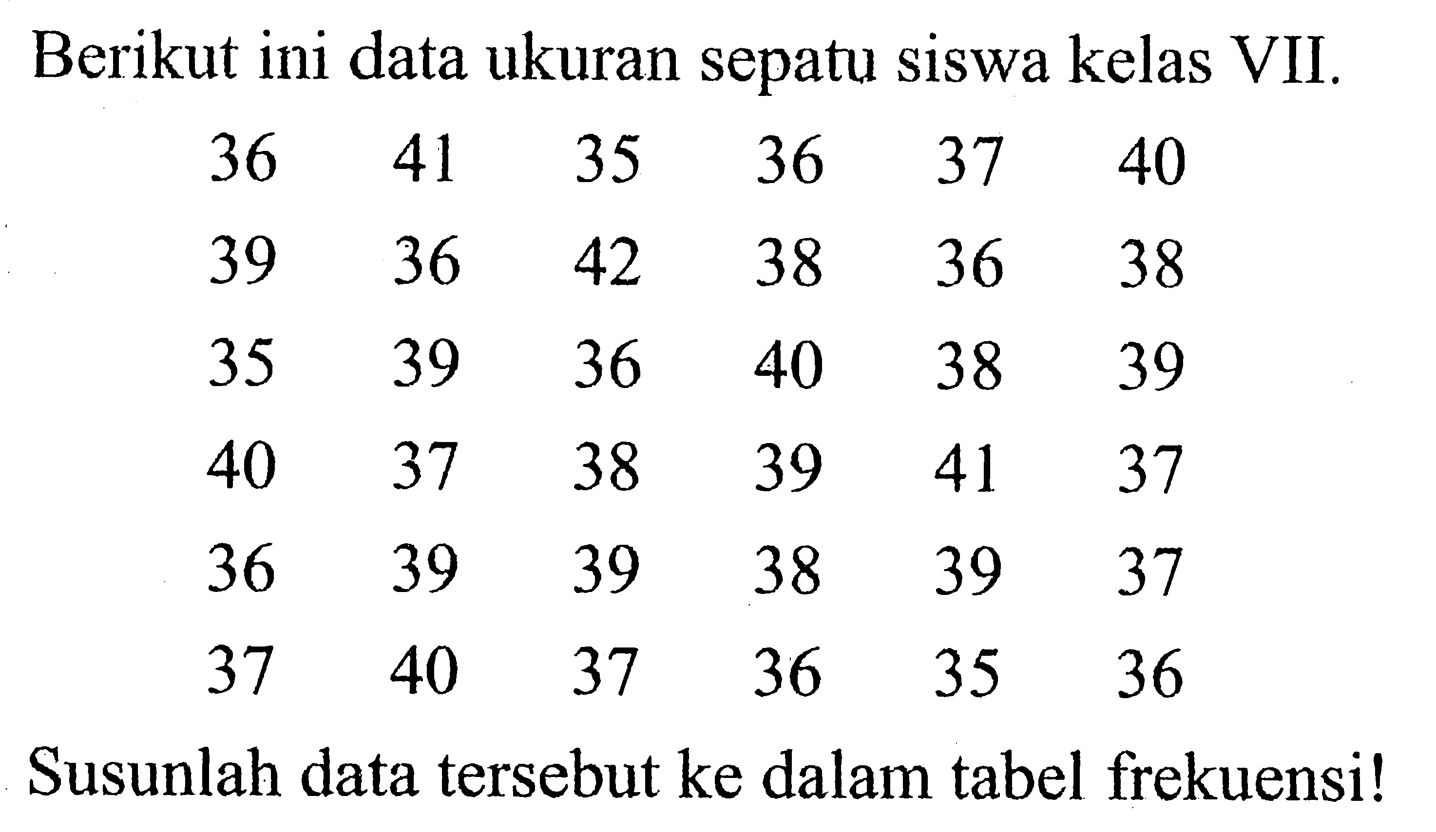 Berikut ini data ukuran sepatu siswa kelas VII. 36  41  35  36  37  40  39  36  42  38  36  38  35  39  36  40  38  39  40  37  38  39  41  37  36  39  39  38  39  37  37  40  37  36  35  36 Susunlah data tersebut ke dalam tabel frekuensi!