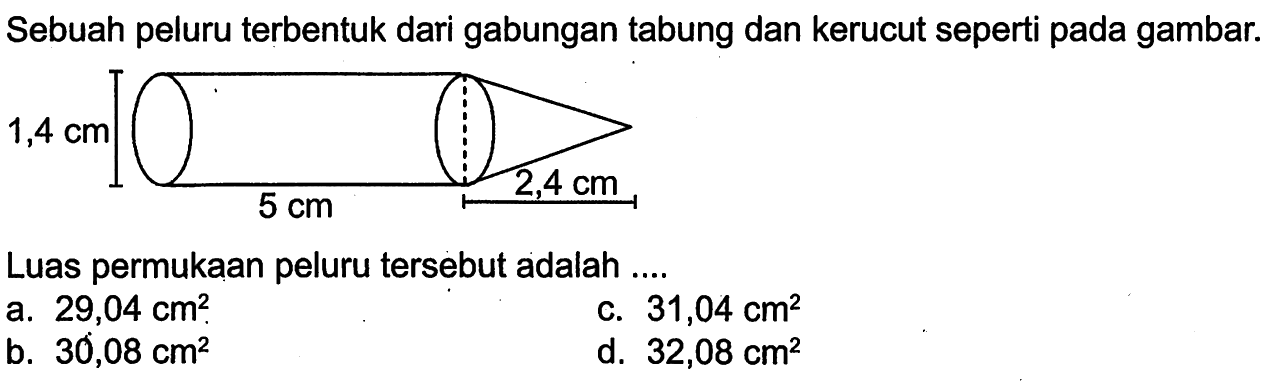 Sebuah peluru terbentuk dari gabungan tabung dan kerucut seperti pada gambar.Luas permukaan peluru tersebut adalah ....a.  29,04 cm^2 .c.  31,04 cm^2 b.  30,08 cm^2 d.  32,08 cm^2 