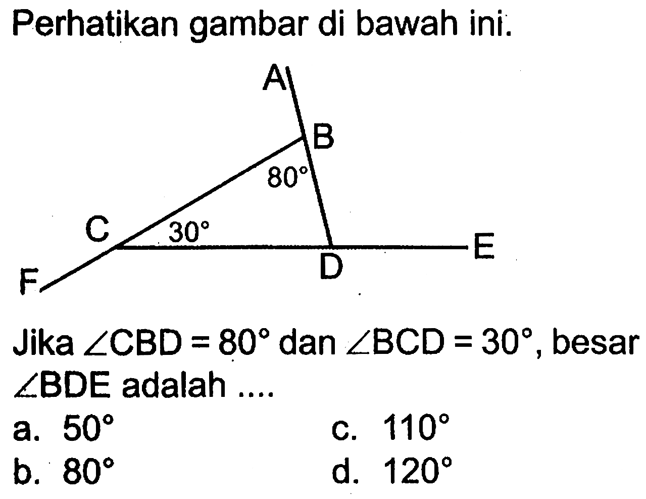 Perhatikan gambar di bawah ini.Jika  sudut CBD=80  dan  sudut BCD=30 , besar  sudut BDE  adalah ....