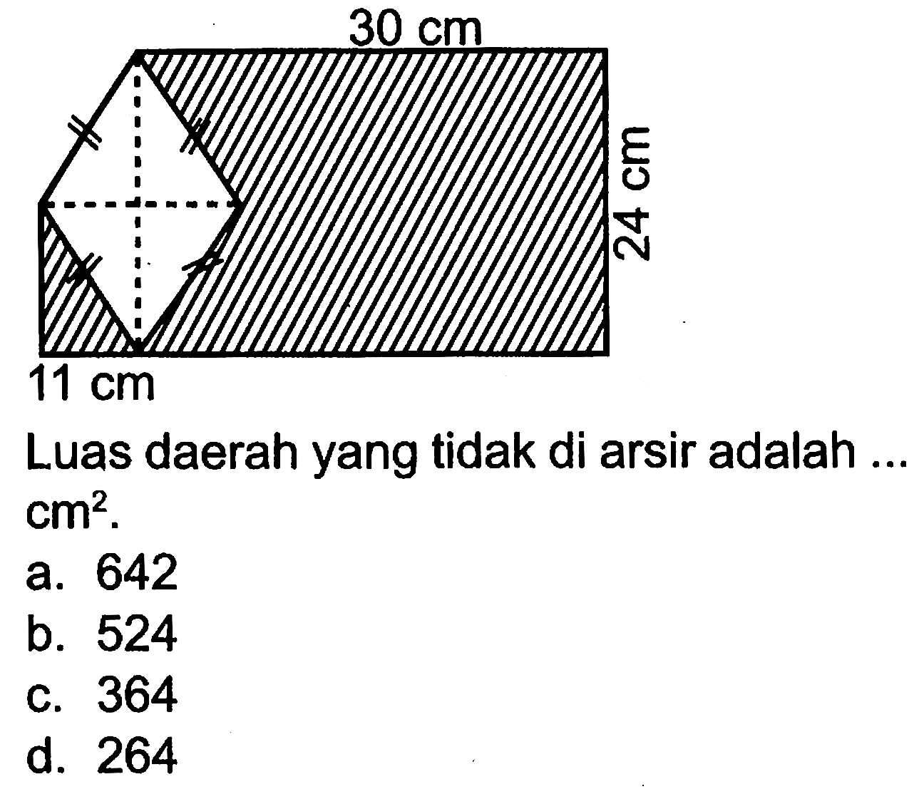 Luas daerah yang tidak di arsir adalah ... cm^2. 11 cm 24 cm 30 cm a. 642 b. 524 c. 364 d. 264