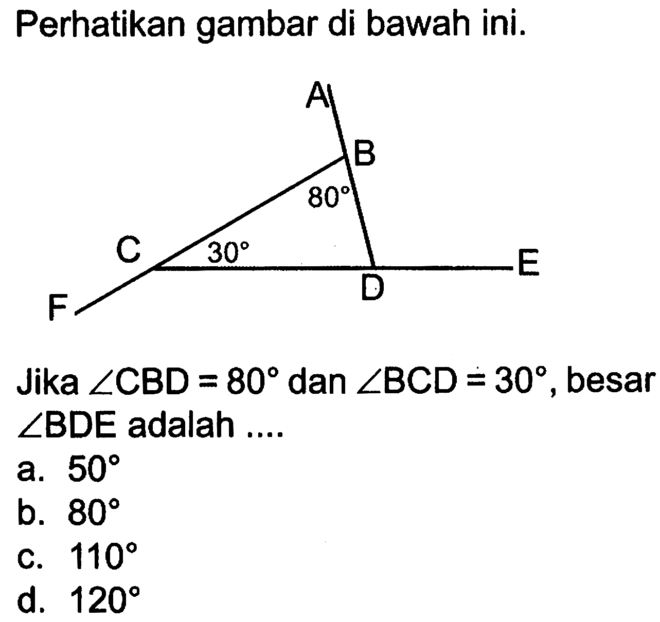 Perhatikan gambar di bawah ini. A B 80 C 30 D E F Jika sudut CBD=80 dan sudut BCD=30, besar sudut BDE adalah....