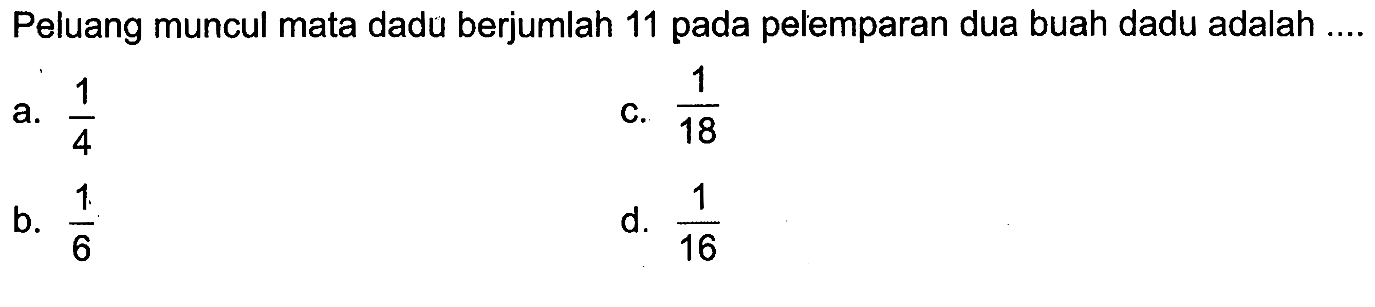 Peluang muncul mata dadu berjumlah 11 pada pelemparan dua buah dadu adalah ....