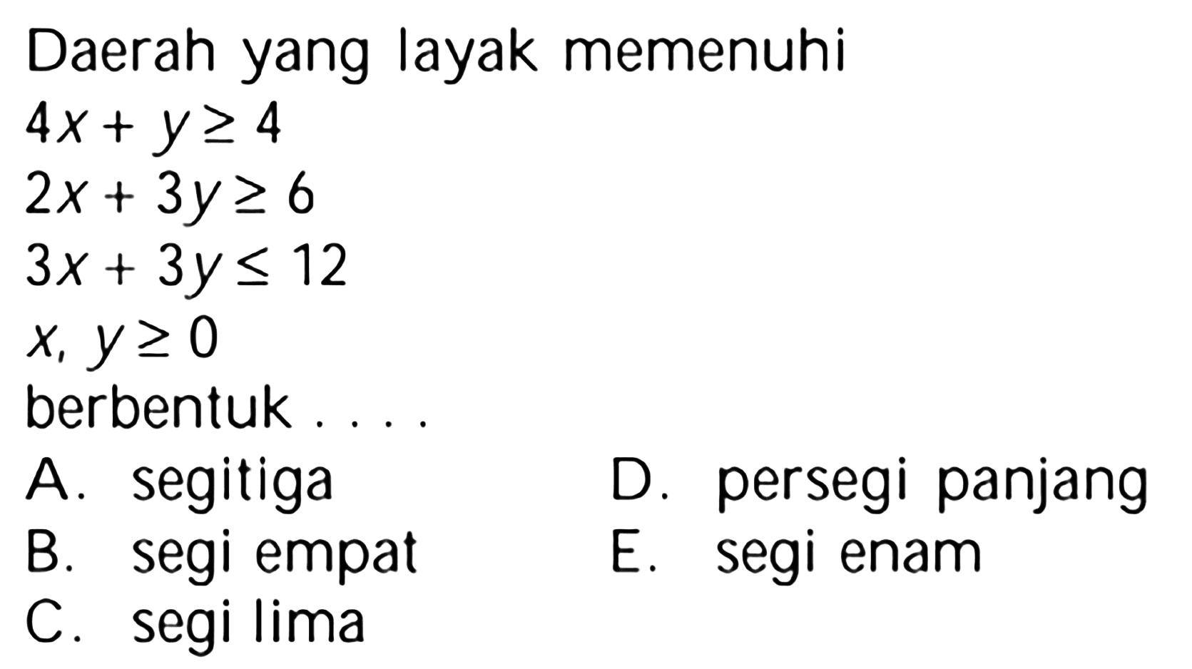 Daerah yang layak memenuhi 4x+ y>=4 2x + 3y >= 6 3x + 3y <= 12 x, y>= 0 berbentuk...