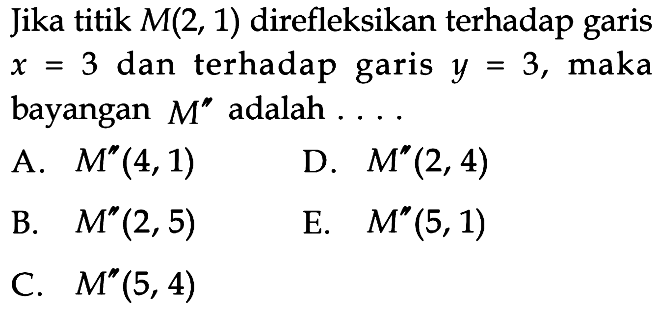 Jika titik M(2, 1) direfleksikan terhadap garis terhadap garisx = 3 dan terhadap garis y = 3, maka M" adalah ....