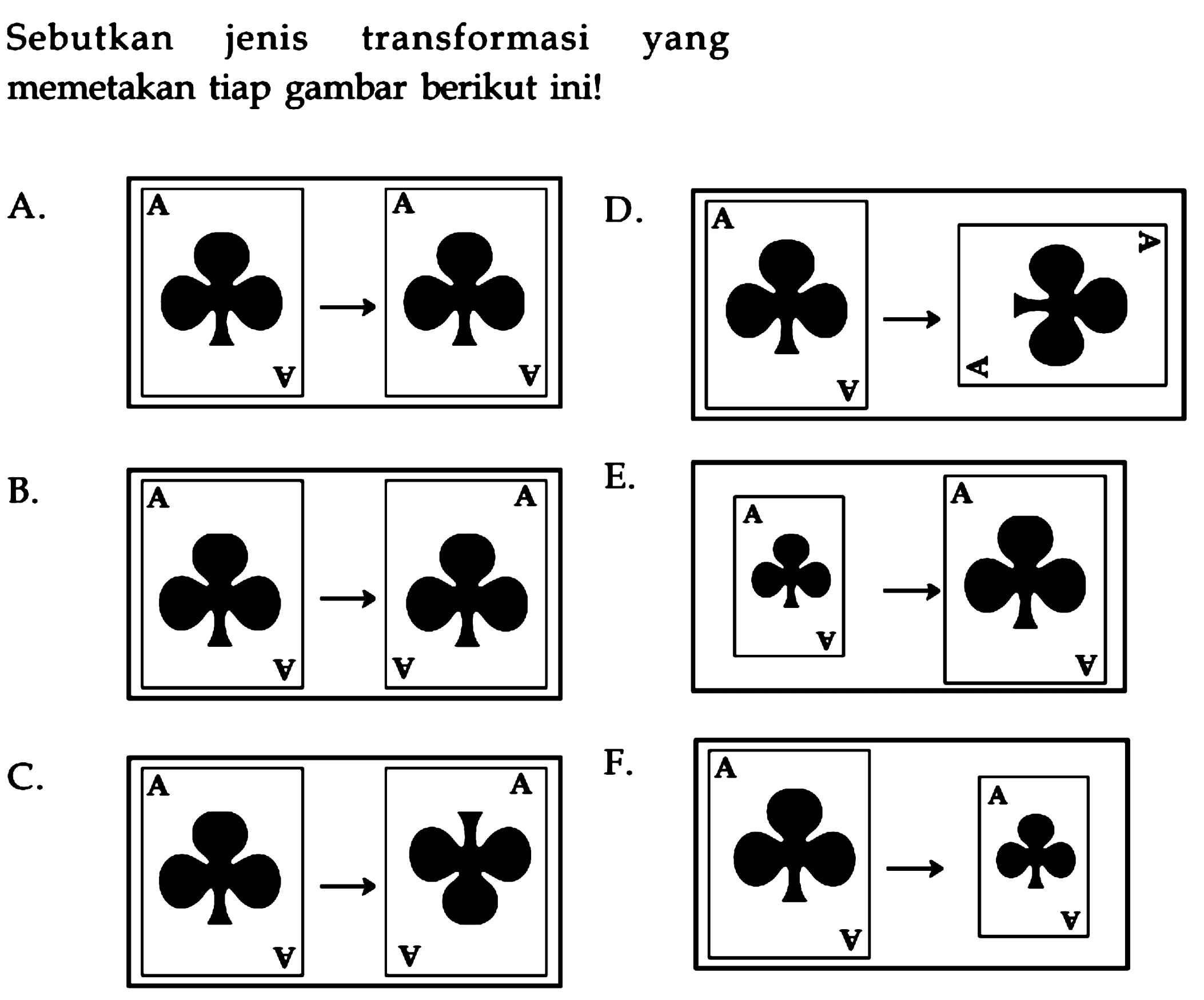 Sebutkan jenis transformasi yang memetakan tiap gambar berikut ini!
A. A A 
B. A A 
C. A A 
D. A 
E. A A 
F. A A