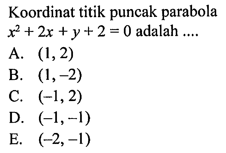 Koordinat titik puncak parabola x^2+2x+y+2=0 adalah ....