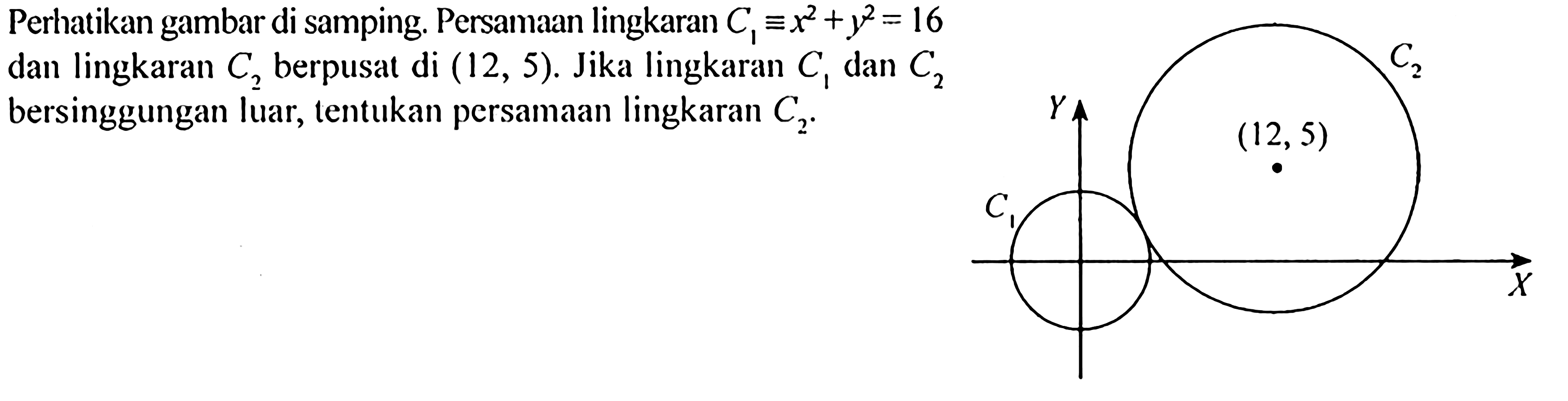 Perhatikan gambar di samping. Persamaan lingkaran C1=x^2+y^2=16 dan lingkaran C2 berpusat di (12,5). Jika lingkaran C1 dan C2 bersinggungan luar,tentukan persamaan lingkaran C2. (12,5) C2 C1