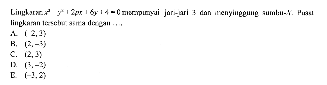 Lingkaran x^2 +y^2 + 2px + 6y + 4 = 0 mempunyai jari-jari 3 dan menyinggung sumbu-X. Pusat lingkaran tersebut sama dengan ...