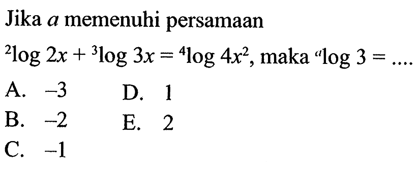 Jika a memenuhi persamaan 2log(2x)+3log(3x)=4log(4x^2), maka alog3=....