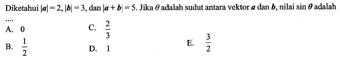 Diketahui |a|=2, |b|=3, dan |a+b|=5. Jika theta adalah sudut antara vektor a dan b, nilai sin theta adalah ....