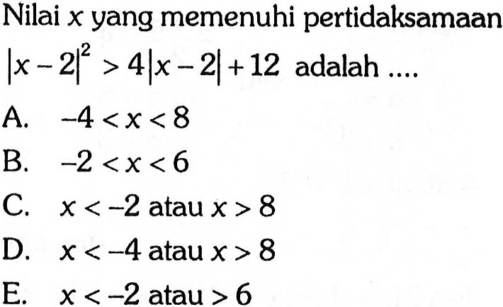 Nilai x yang memenuhi pertidaksamaan Ix-2|^2>4|x-2|+12 adalah ....