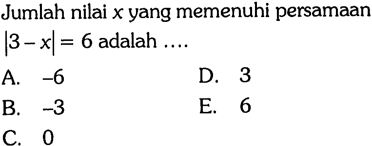 Jumlah nilai x yang memenuhi persamaan|3-x|=6 adalah ...