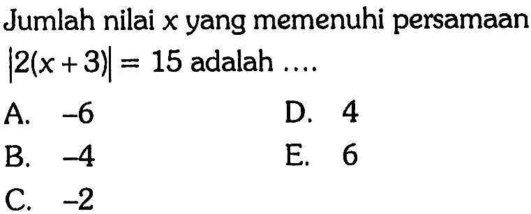 Jumlah x yang memenuhi persamaan |2(x+3)|=15 adalah ....