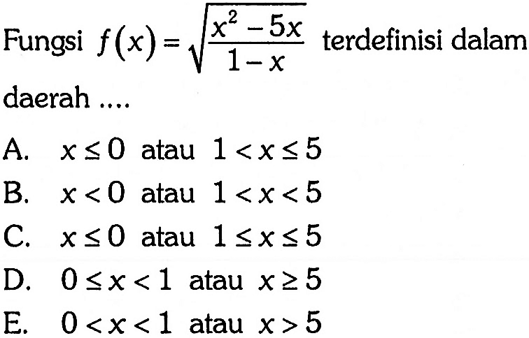 Fungsi f(x)=akar((x^2-5x)/(1-x)) terdefinisi dalam daerah ....