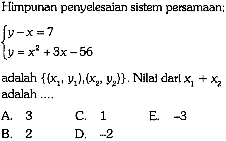 Himpunan penyelesaian sistem persamaan: y-x=7 y=x^2+3x-56 adalah {(x1,y1),(x2,y2)}. Nilai dari x1+x2 adalah ....