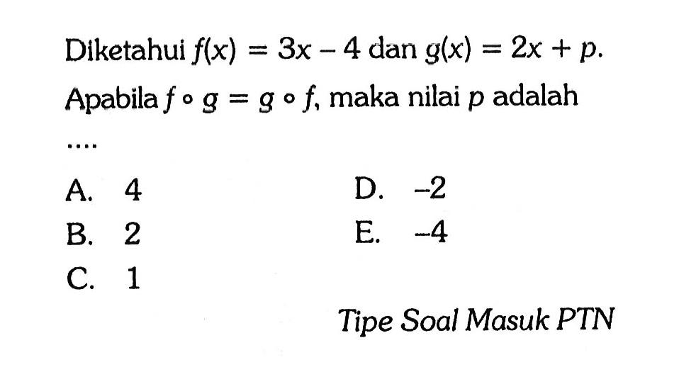 Diketahui f(x)=3 x-4 dan g(x)=2 x+p. Apabila fog=gof, maka nilai p adalah...