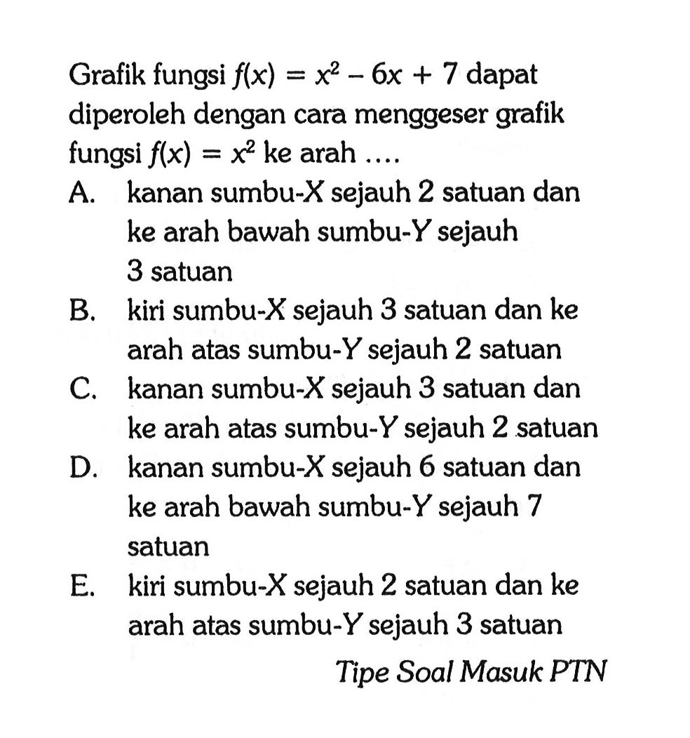 Grafik fungsi flx) = x^2 - 6x + 7 dapat diperoleh dengan cara menggeser grafik fungsi f(x) = x^2 ke arah