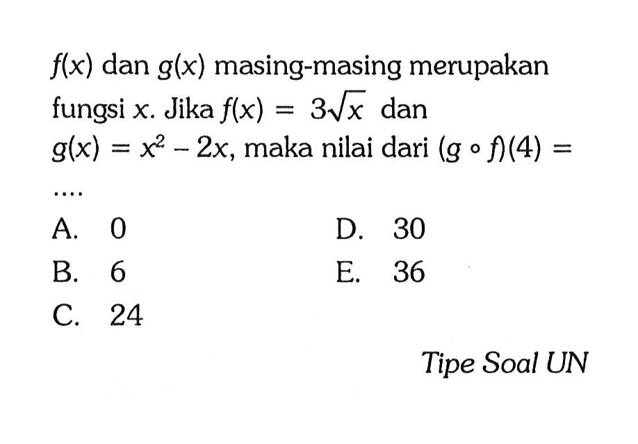 f(x) dan g(x) masing-masing merupakan fungsi x. Jika f(x)=3 akar(x) dan g(x)=x^2-2x, maka nilai dari  (gof)(4)= .... Tipe Soal UN