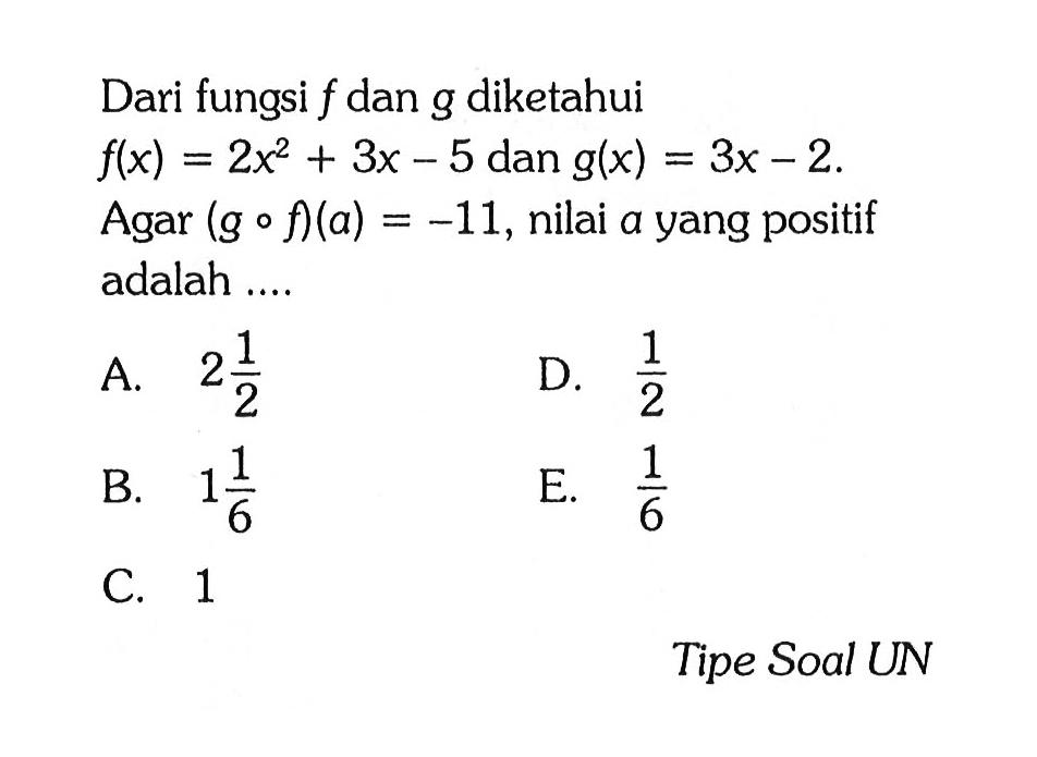 Dari fungsi f dan g diketahui f(x)=2x^2+3x-5 dan g(x)=3x-2 Agar (gof)(a)=-11, nilai a  yang positif adalah ....