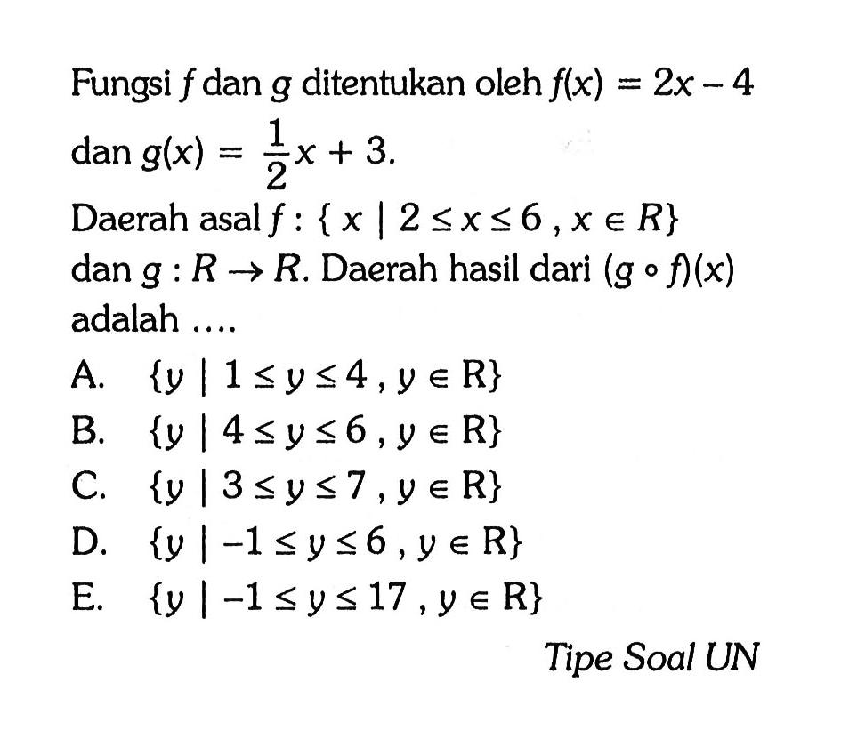 Fungsi  f  dan  g  ditentukan oleh  f(x)=2x-4   dan g(x)=1/2 x+3. Daerah asal  f:{x|2<=x<= 6, x e R}  dan  g: R->R.  Daerah hasil dari  (gof)(x)  adalah ....Tipe Soal UN