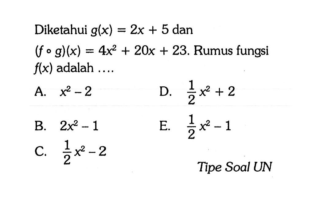 Diketahui g(x)=2 x+5 dan (f o g)(x)=4 x^2+20 x+23. Rumus fungsi f(x) adalah ...