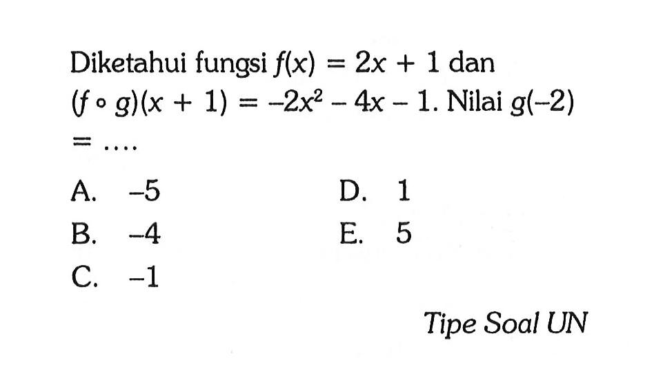 Diketahui fungsi  f(x)=2x+1  dan  (fog)(x+1)=-2x^2-4x-1 .  Nilai  g(-2)   =... Tipe Soal UN