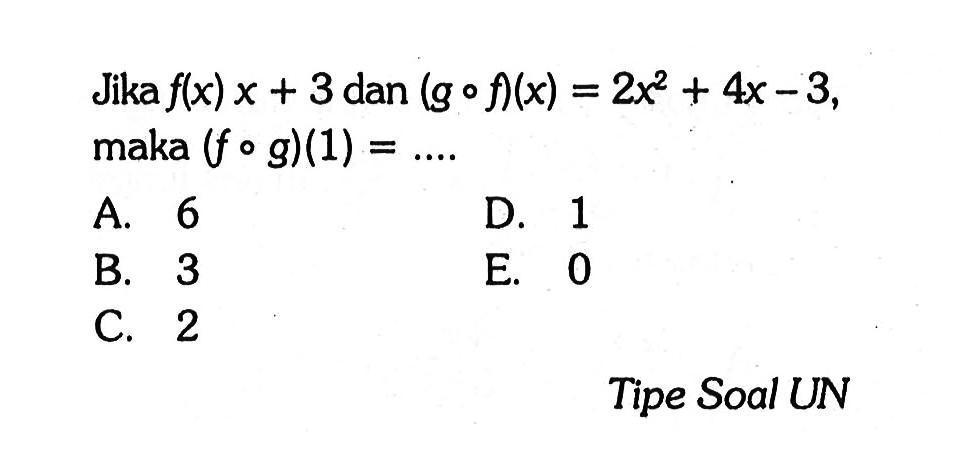 Jika f(x)=x+3 dan (gof)(x)=2x^2+4x-3 maka (fog)(1)=...