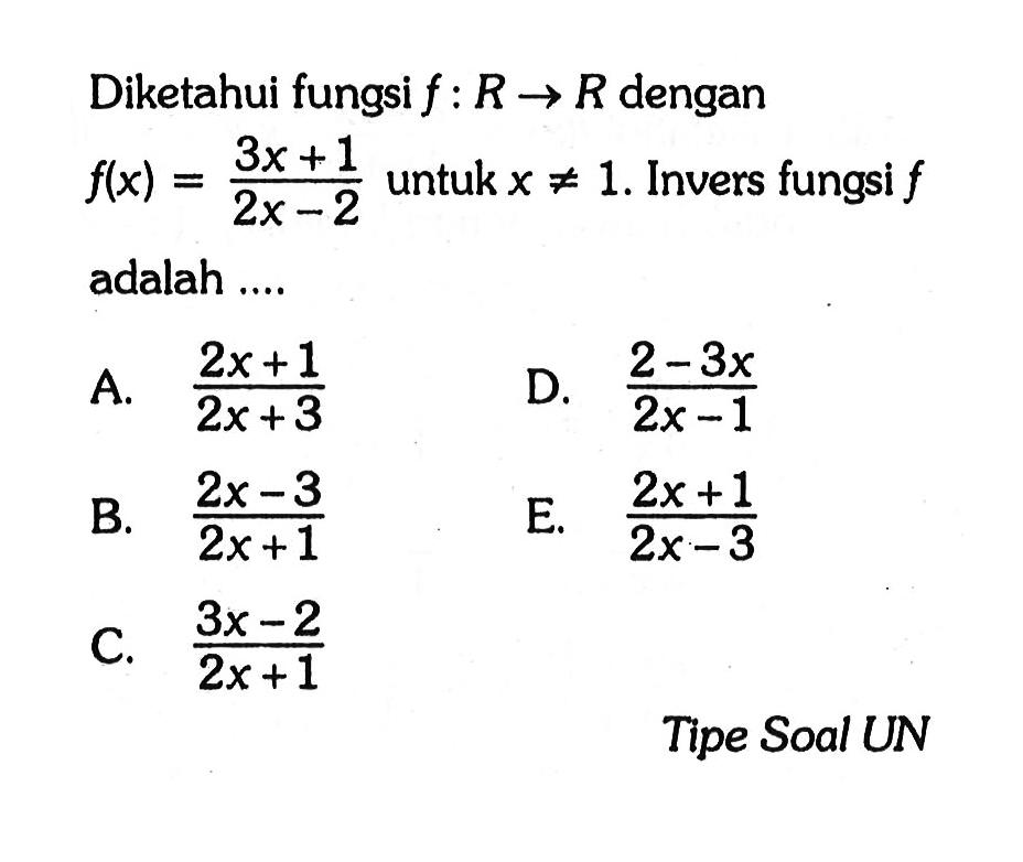 Diketahui fungsi f: R->R dengan f(x)=(3x+1)/(2x-2) untuk x =/=1. Invers fungsi f adalah ....Tipe Soal UN