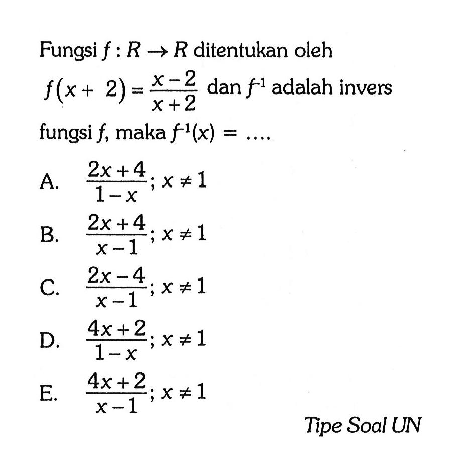 Fungsi f:R->R ditentukan oleh f(x+2)=(x-2)/(x+2) dan f^(-1) adalah invers fungsi f, maka f^(-1)(x)=...  Tipe Soal UN