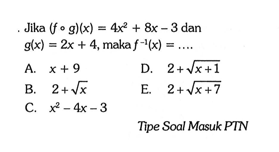 Jika (fog)(x)=4x^2+8x-3 dan g(x)=2x+4, maka f^(-1)(x)=...