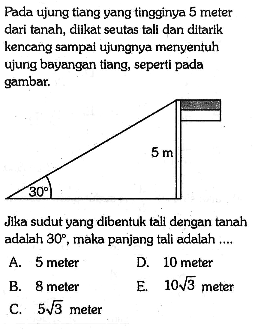 Pada ujung tiang yang tingginya 5 meter dari tanah, diikat seutas tali dan ditarik kencang sampai ujungnya menyentuh ujung bayangan tiang, seperti pada gambar.30 5 mJika sudut yang dibentuk tali dengan tanah adalah 30, maka panjang tali adalah ....